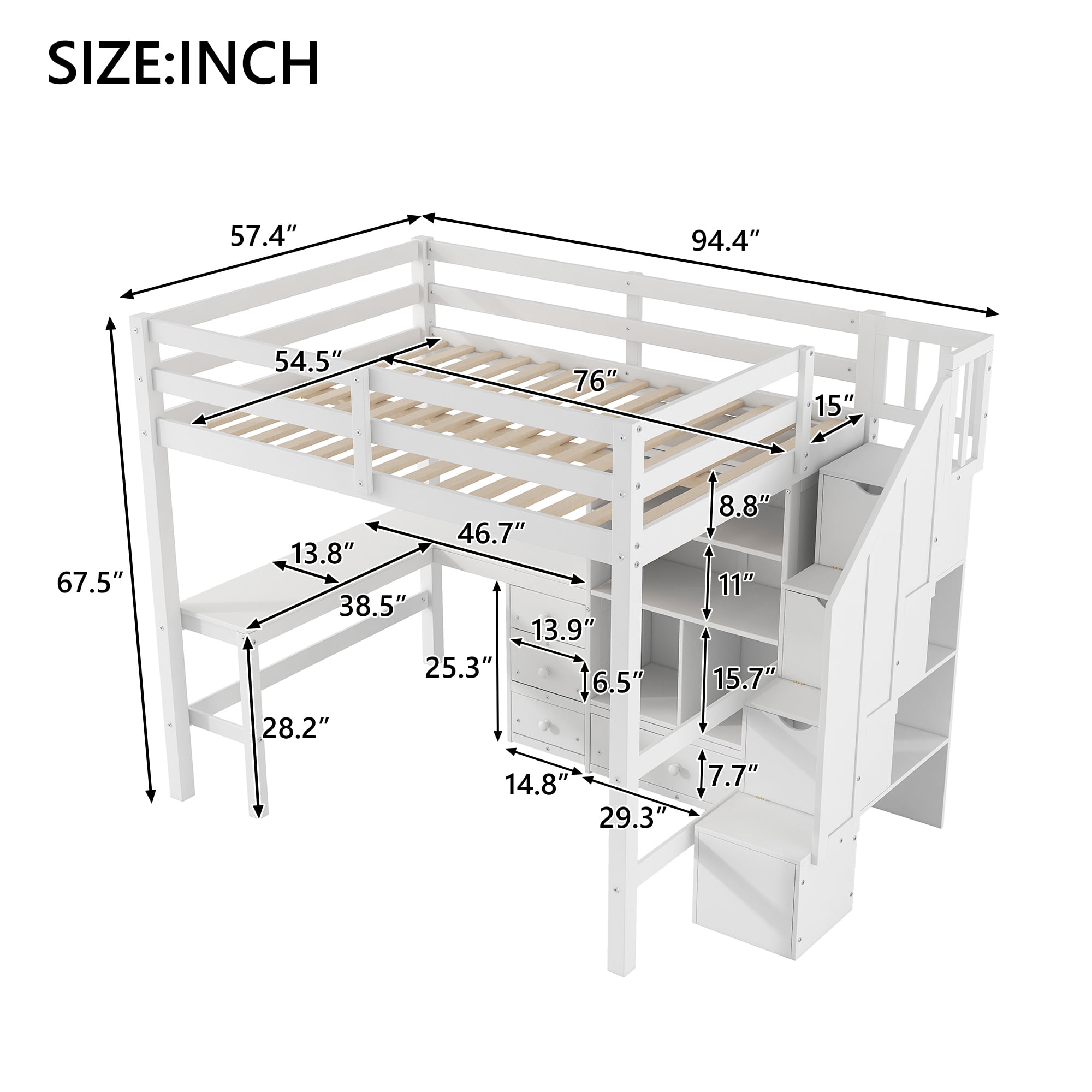 Euroco Full Size Pine Wood Loft Bed with Desk and Cabinets for Kids Room, Storage Staircase Shelf, White