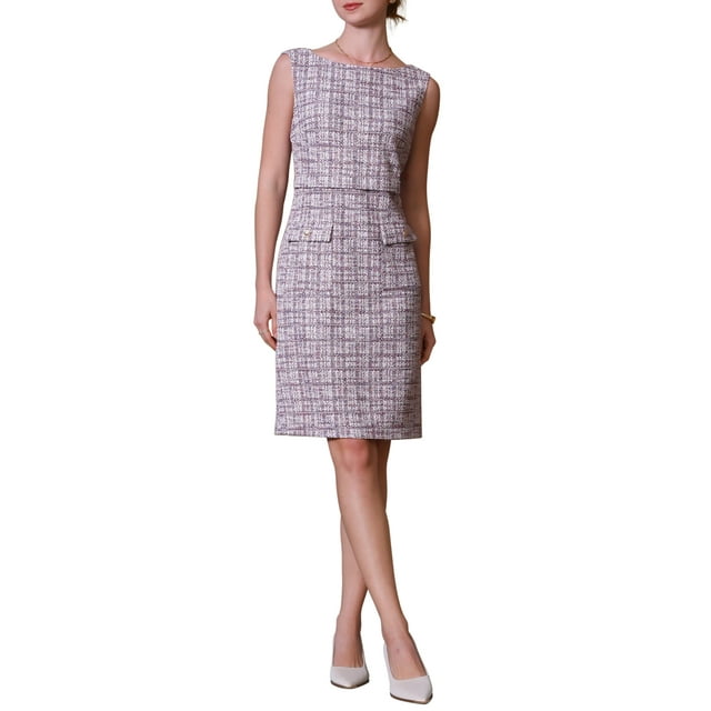 INSPIRE CHIC Vestido sin mangas de tweed para mujer, cuello barco, vestido de oficina, corte ajustado, XL, púrpura y rosa
