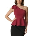 thumbnail image 1 of INSPIRE CHIC Women's One Shoulder Bow Ruffled Elegant Peplum Top S Burgundy, 1 of 6