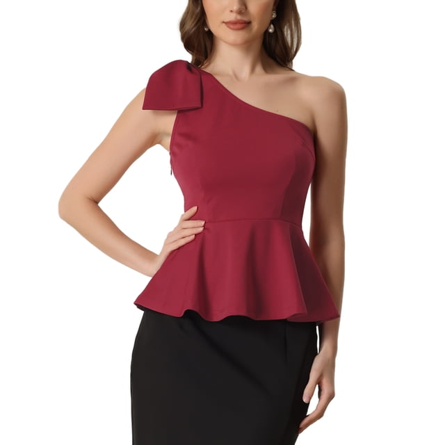 INSPIRE CHIC Women's One Shoulder Bow Ruffled Elegant Peplum Top S Burgundy