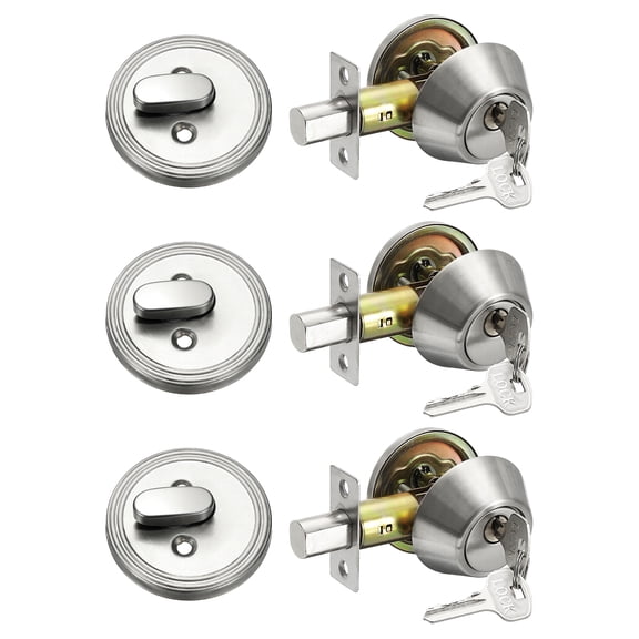 Keyed Alike Single Cylinder Deadbolt Door Lock Round Entry Handle Set for Door Thickness 1.2-2 Inch (Silver Tone, Pack of 3)