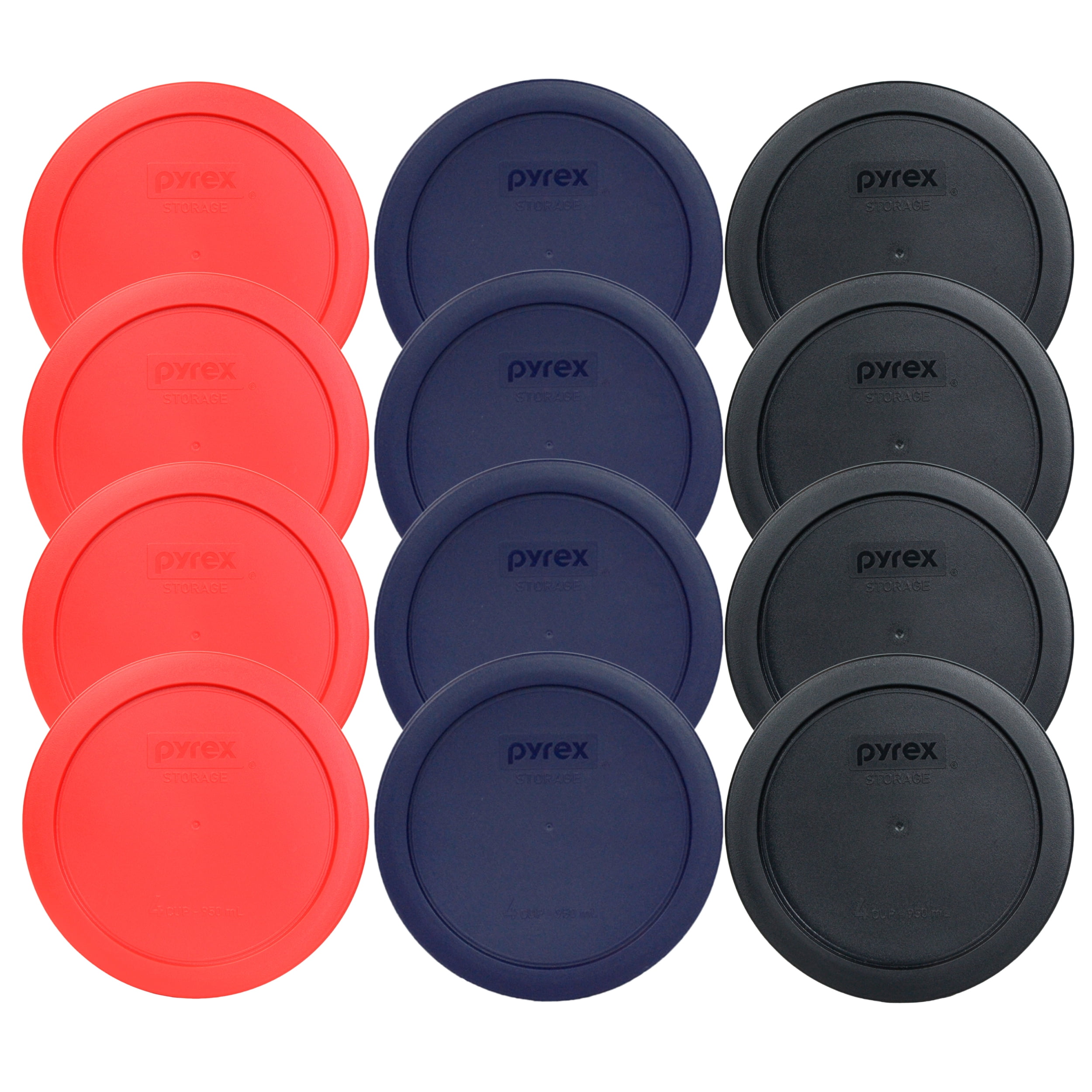 Pyrex Replacement Lid 7201PC (4) Black, (4) Blue, and (4) Red Round