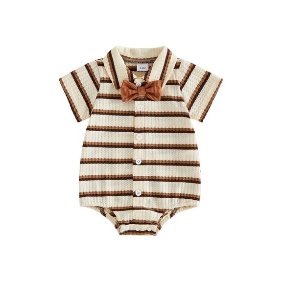 BemeyourBBs Newborn Baby Boy Summer Clothes Gentleman Church Outfit Striped Waffled Knit Bowtie Romper Cute Short Sleeve Collared Button-up Dress Jumpsuit Bodysuit 0 3 6 9 12 18 Months