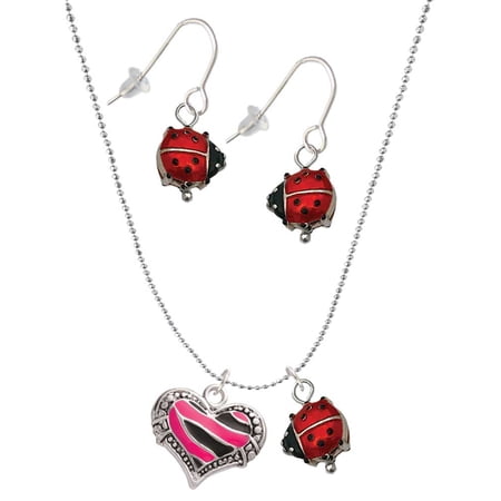 Delight Jewelry Silvertone Hot Pink Tiger Print Heart Red Lucky Ladybug Necklace and Dangle Earrings Set