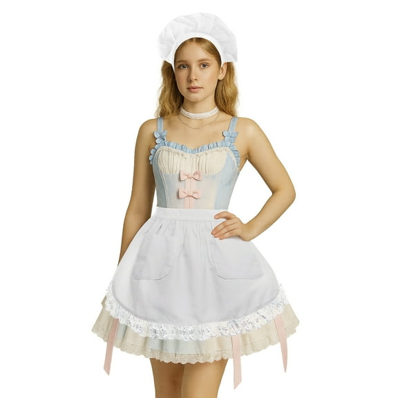 Aspire Waist Apron with Headband, White Lace Half Apron with Pockets, Vintage Cotton Maid Costume for Cosplay, Cooking - XL
