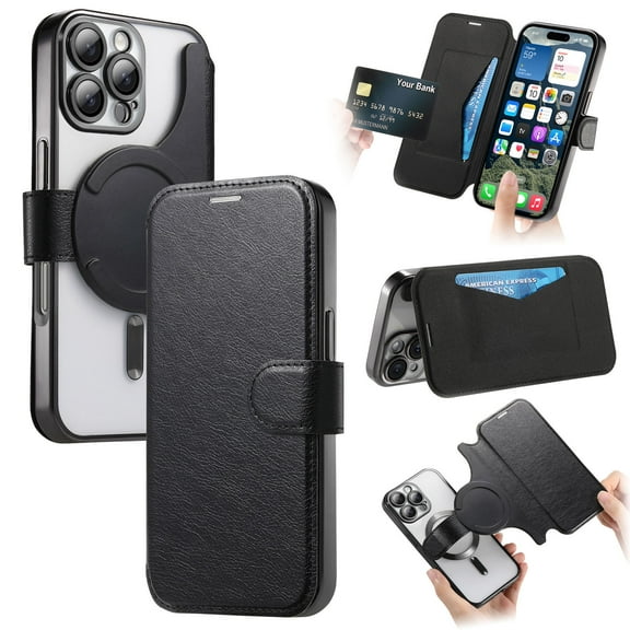 Dteck Detachable Wallet Case for iPhone 15 Pro,Magnetic Leather Card Slot Wallet Case Removable Plating TPU Case Built-in Camera Lens Protector Compatible with MagSafe Kickstand Cover,Black