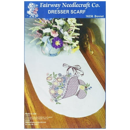 16236 Dresser Scarf Bonnet Flower Basket Design White Perle Edge 16236 Dresser Scarf Bonnet Flower Basket Design White Perle Edge