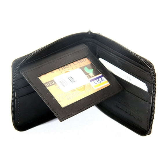 Men's Leather Zip-Around BiFold 6 Credit Card 2 ID Window Black Wallet 4.5 x 3.5 inches