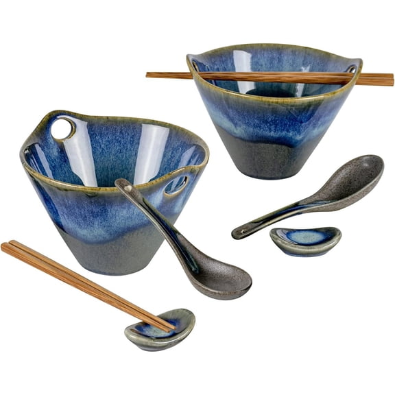 Ramen Bowl Set with Chopsticks, Spoons and Rests, 20oz Deep Porcelain Noodle Bowl Set of 2 for Udon, Pho, Salad, Soup (Volcano Blue)