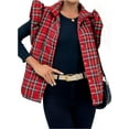 thumbnail image 2 of Womens Plaid Puffer Vests Ruffle Sleeveless Lightweight Quilted Vest Fall Winter Padded Gilets Coats, 2 of 7