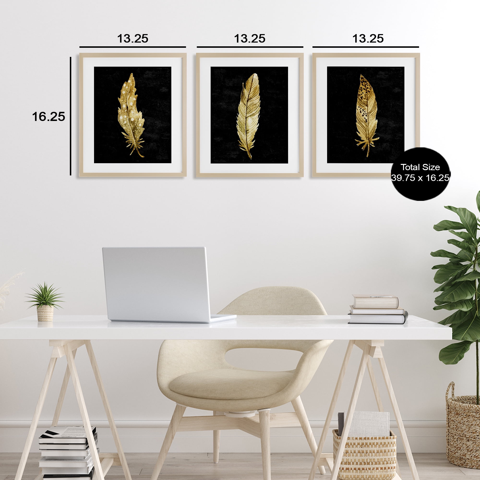 Black & Gold Feathers 3 Piece Birch Framed Print Under Glass Set, design by Kim Allen