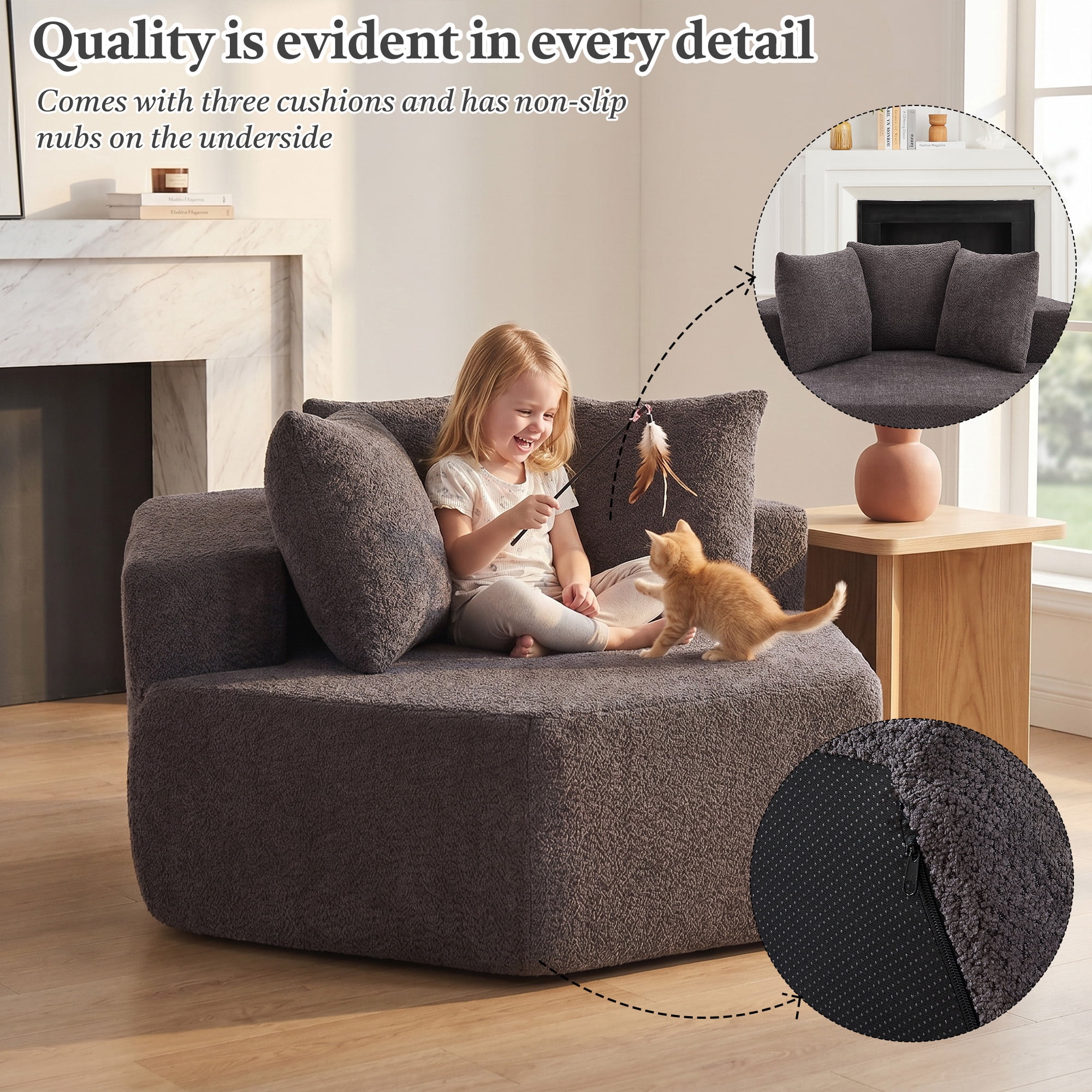 Leumius 54-inch Modern-style Hexagonal Single Lounge Chair, Chenille-Upholstered Sofa for Lounges, Game Rooms, Living Rooms and Bedroom Grey