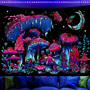 Simpkeely Blacklight Mushroom Tapestry, Plant Moon Stars Butterfly Frog Fantasy Wall Hanging Tapestries, UV Reactive Glow in the Dark Mystical Night Aesthetic Tapestry for Bedroom - 51.2 x 59.1"