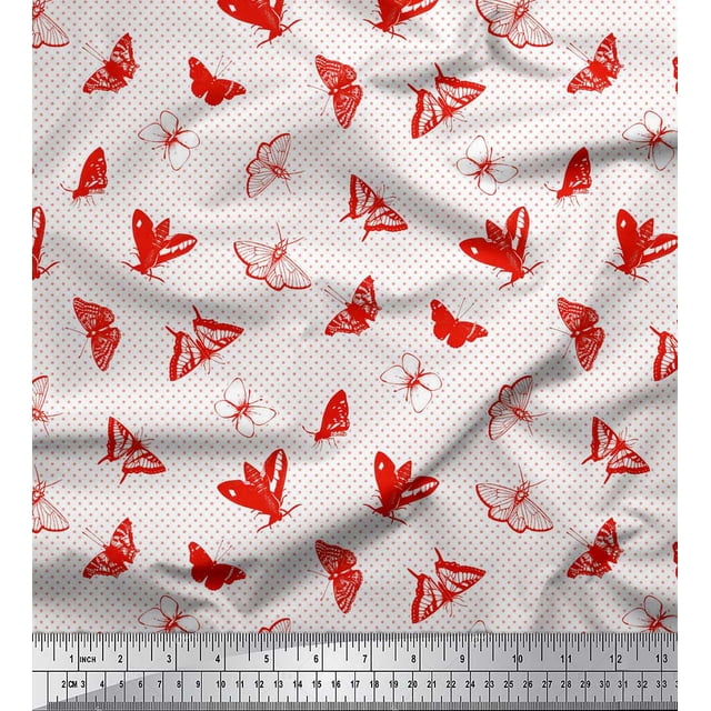 Soimoi Red Moss Georgette Fabric Dot & Butterfly Decor Fabric Printed Yard 42 Inch Wide
