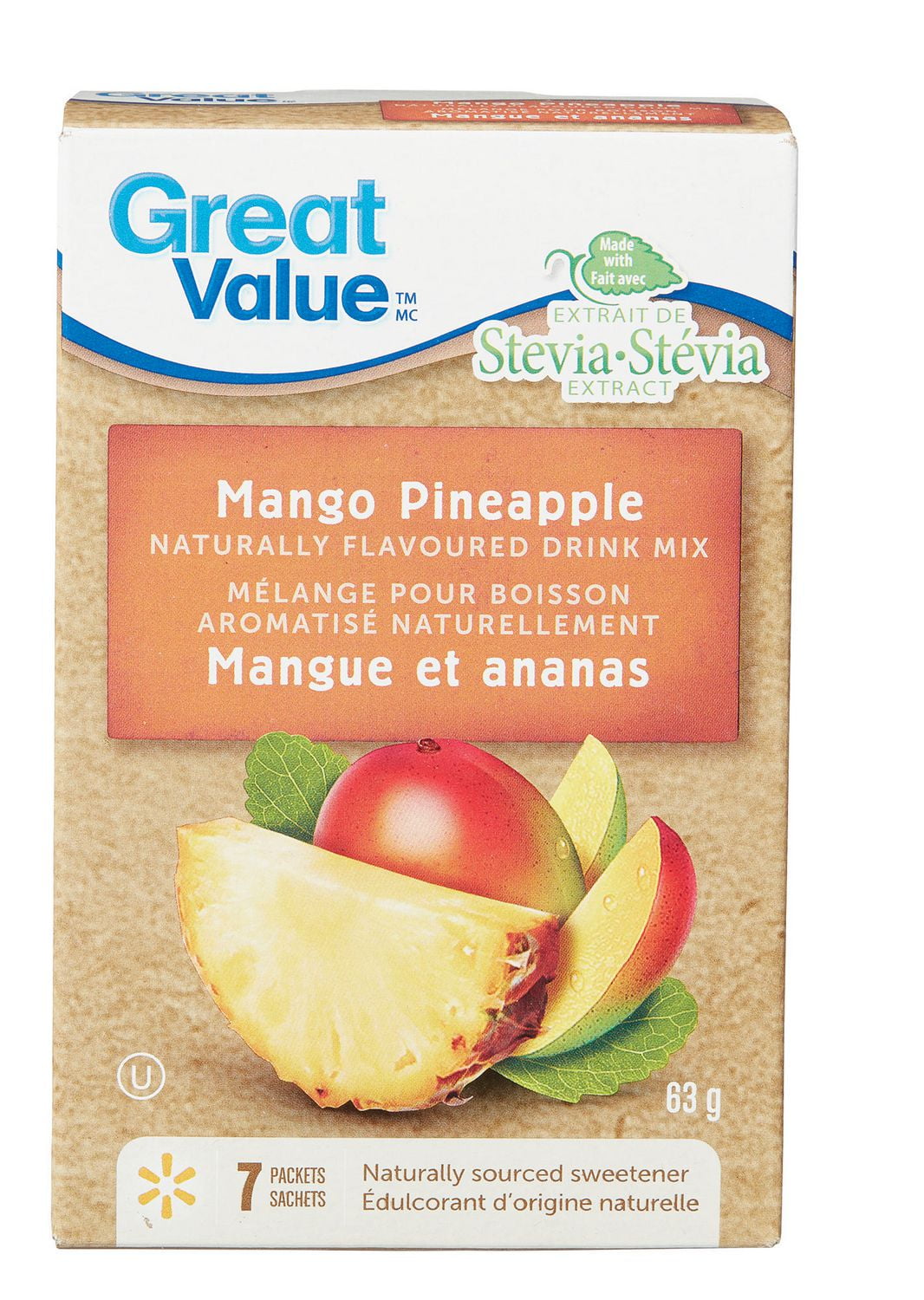 Great Value Mango Pineapple Naturally Flavoured Drink Mix, 63 g, 7 Packets