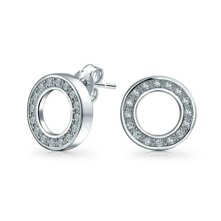 Open Disk Earrings Pave Cubic Zirconia Open Circle Round Disc CZ Stud Earrings For Women Rose Gold Plated Or Sterling Silver ()