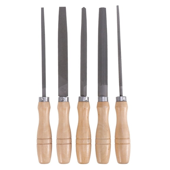 PBPBOX 5Pcs Assorted Shape Carbon Steel File Set Wooden Handles for Sharpening and Deburring
