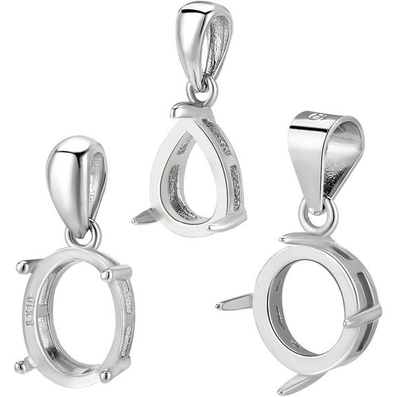 3pcs 925 Sterling Silver Pendant Blank 3 Styles Pendant Tray Setting Round Oval Teardrop Pendant Base Gemstone Support for Jewelry Necklace Pendant Making Fit for 8-10mm Gems