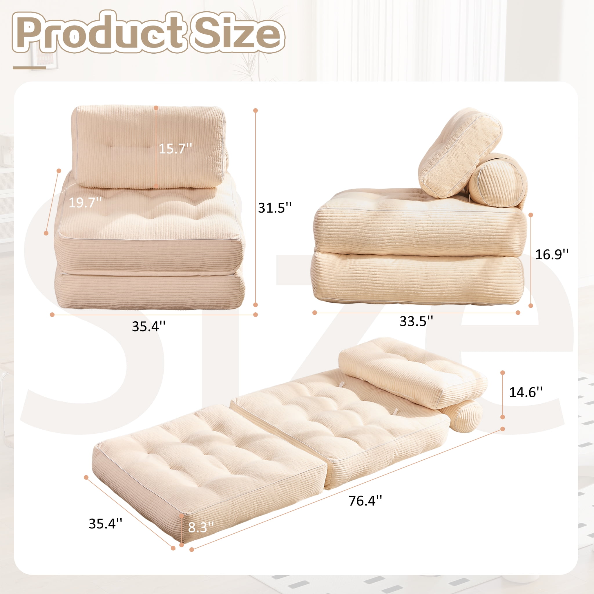 LAKPS Convertible Floor Sofa Bed, Corduroy Modular Lounge Chair with Backrest & Pillow, Folding Tatami Sofa Sleeper for Living Room, Bedroom, Dorm, White