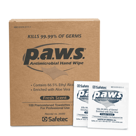 Safetec Paws Hand Wipes, 100 Count (Individuals) Box (10 Boxes/Case)