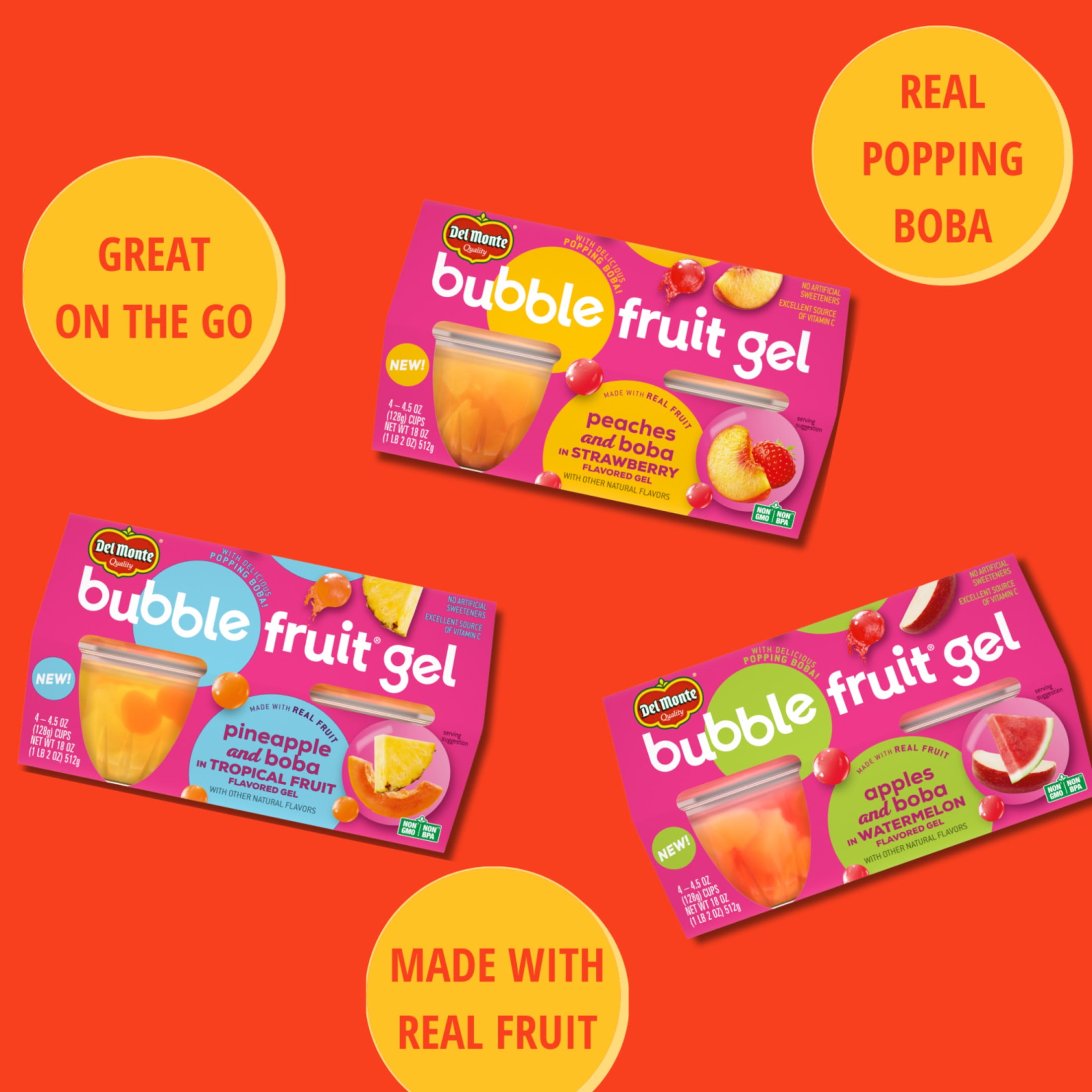 (4 pack) Del Monte Bubble Fruit Gel Peach Strawberry Fruit Cup Snack with Popping Boba, 4.5 oz Cup (Pack of 4)