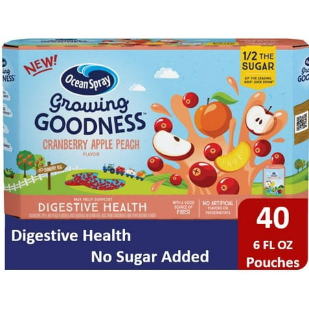 (40 Pouches) Ocean Spray GROWING GOODNESS™ Juice Beverage, Cranberry Apple Peach, Digestive Health, 6 fl