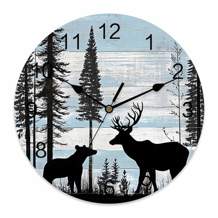 Wall Clock 14 inch Bear Deer Forest Battery Operated Clocks Silent Non-Ticking Wallclock Animal Blue Wood Grain Round Decorative Wall Clocks for Home Office School