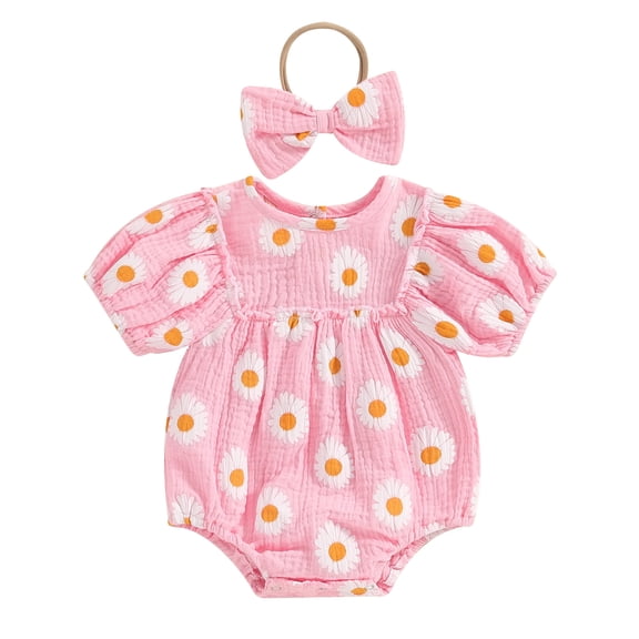 Baby Girls Summer Bodysuit With Headband Short Sleeve Daisy Infant Newborn Romper For Girls Infant Jumpsuit Girls Baby Clothes