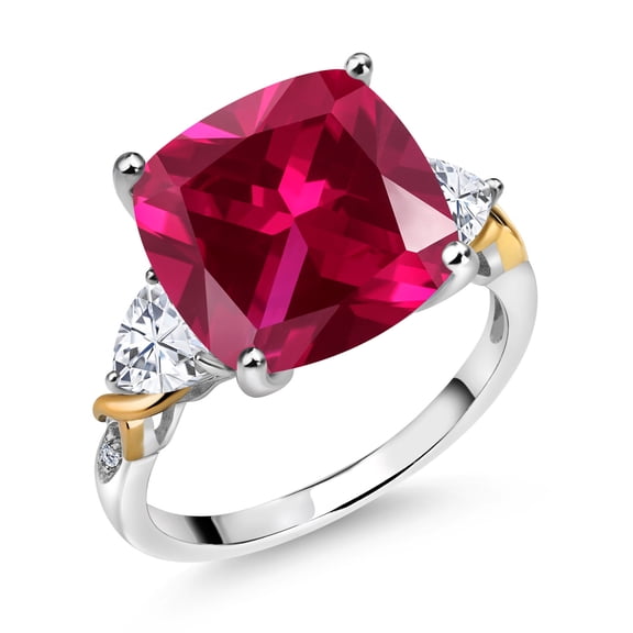 Gem Stone King 8.95 Cttw Red Created Ruby White Moissanite and Diamond Ring for Women | 925 Silver and 10K Yellow | 12MM Cushion and 5MM Trillion | Wedding Engagement Anniversary Ring | Size 8
