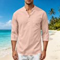 thumbnail image 5 of Awwp Men's Linen Cotton Shirt 3/4 Sleeve Stand Collar Casual Button down Shirts with Pocket Breathable Summer Shirts 8 Colors Available Vacation Beach Shirt Pink Size: M, 5 of 9
