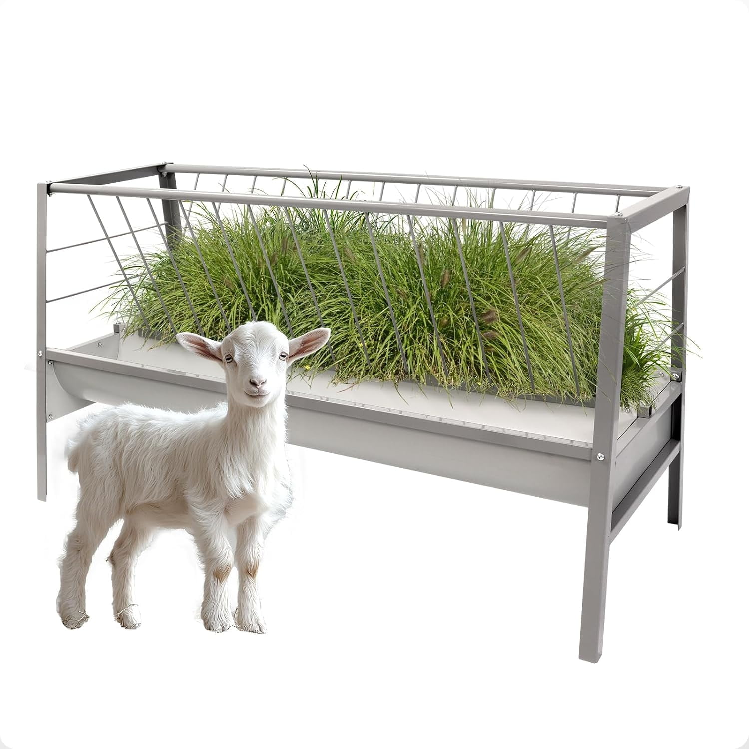 Kojem Livestock 2-in-1 Hay & Grain Feeder Storage and Dispensing Feed Pan 55 Gallon Capacity Livestock Hay Feeders for Goats, Sheep, Horses Steel Powder Coated Silvery
