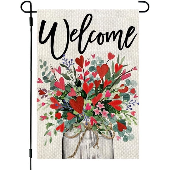 Valentines Day Floral Mason Jar Garden Flag 12x18 Inch Double Sided for Outside Welcome Burlap Small Holiday Yard Flag