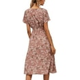 thumbnail image 3 of Women Summer Floral Print V-Neck Dress Short Sleeve High Waist Midi Slim-Fit A-Line Dresses Beach Streetwear, 3 of 10