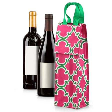 Wine Carrier Bag by Zodaca Thermal Insulated Lightweight Wine Bottle Tote Carrying Case Whisky Glass Bottle Carry Holder Bag for Travel Party Gift - Pink with Green Trim