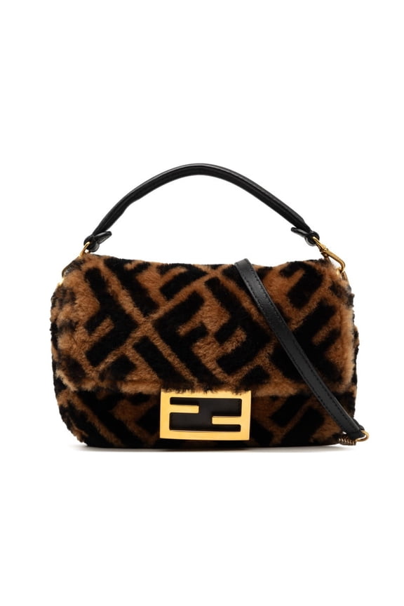 Pre-Owned Fendi Zucca Baguette Mini Handbag Shoulder Bag 2WAY 8BS017 Brown Shearling Leather...
