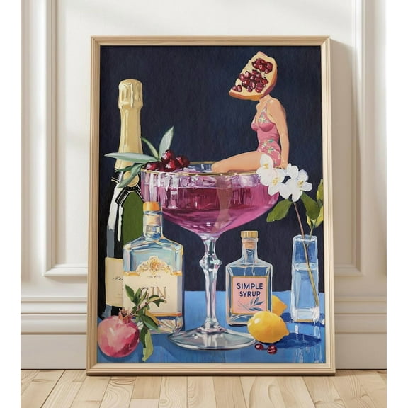 Zuno Pomegranate Cocktail Retro Bar Poster - Vintage French 75 Martini Wall Art for Home Kitchen Decor, 8x12 UNFRAMED