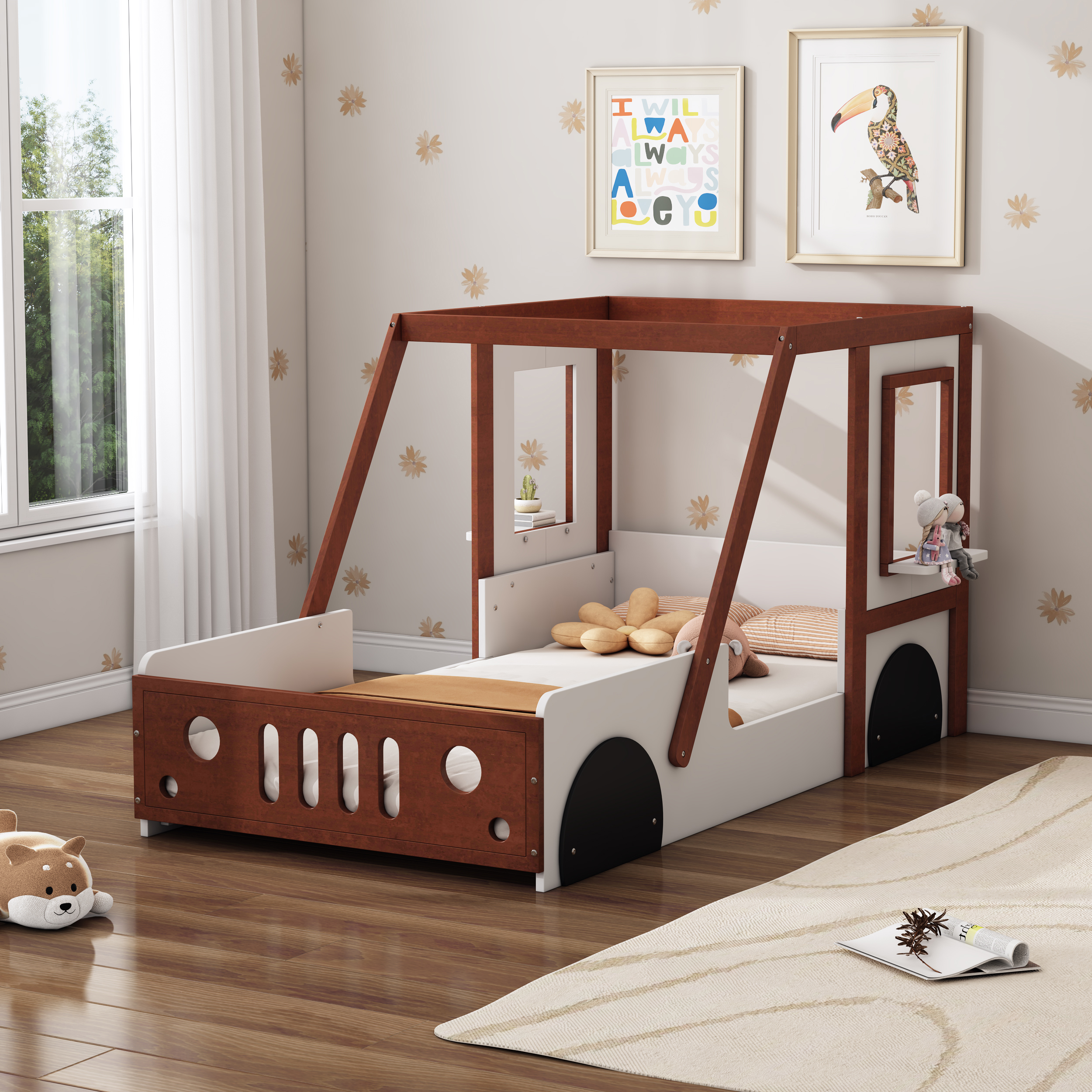 Twin Size Fun Play Car Bed in White+Orange, Solid Wood and MDF Frame, Kids Platform Bed for Boys, Girls and Teens