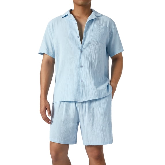 Luiryar Men's 2 Pieces Shirt Shorts Set Short Sleeve Cotton Linen Button Down Casual Hippie Holiday Beach Outfits