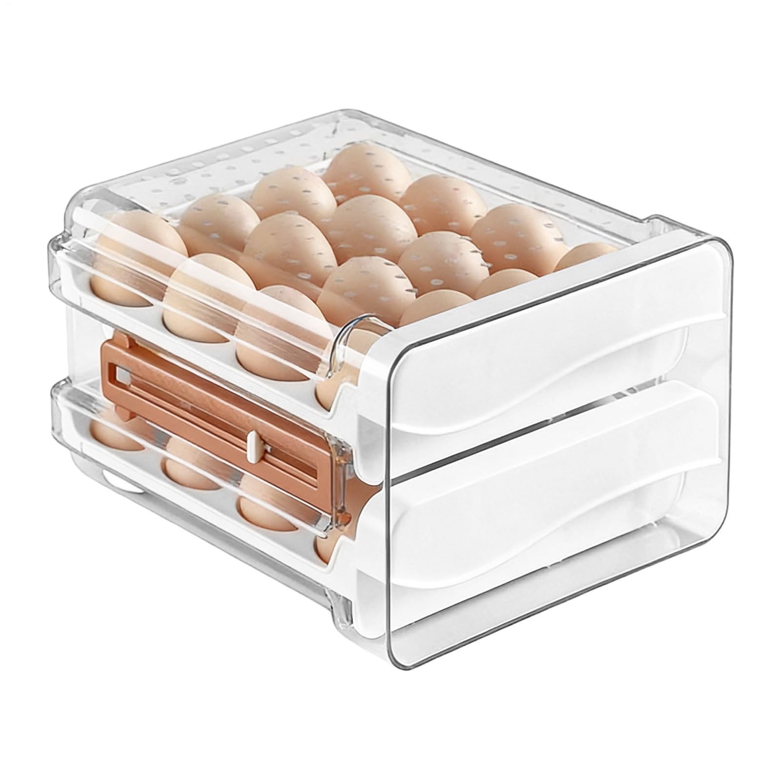 UJMNHYGT Egg Holder for Fridge Egg Organizer 2 Tier, Clear Egg Tray with Drawer Space Saving, 32 Eggs Storage Container for Countertop Kitchen Baking, Steady Stackable Fridge Organizer with Lid