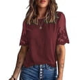thumbnail image 2 of Camiseta de encaje de manga corta para mujer Color puro Cuello redondo de moda Blusa de manga de encaje con cuello redondo de color liso Vino Rojo M, 2 of 6