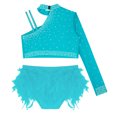 thumbnail image 3 of Lejafay Girls Glittery Rhinestones Dance Outfits One Shoulder Mock Neck Crop Top with Feather Briefs Dancewear Blue Green 6, 3 of 6