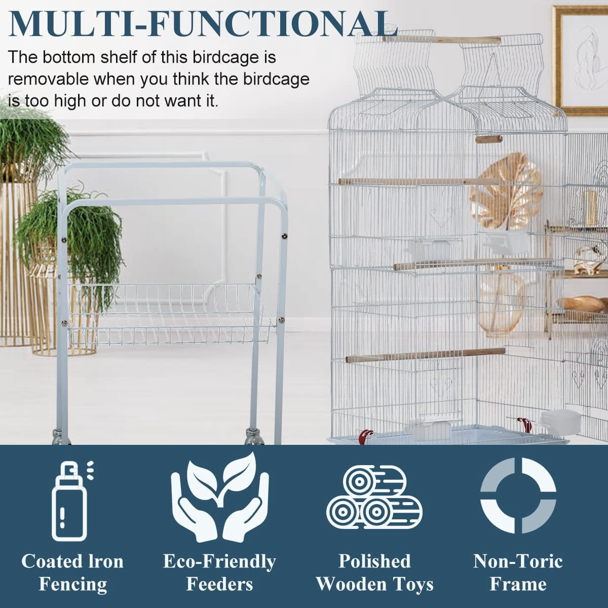 Bird Cage with Stand Parrot Cages for Large Birds Parakeet Cage with Play Top & Rolling Stand for Medium Canaries, Lovebirds, Cockatiels, Parrots, White