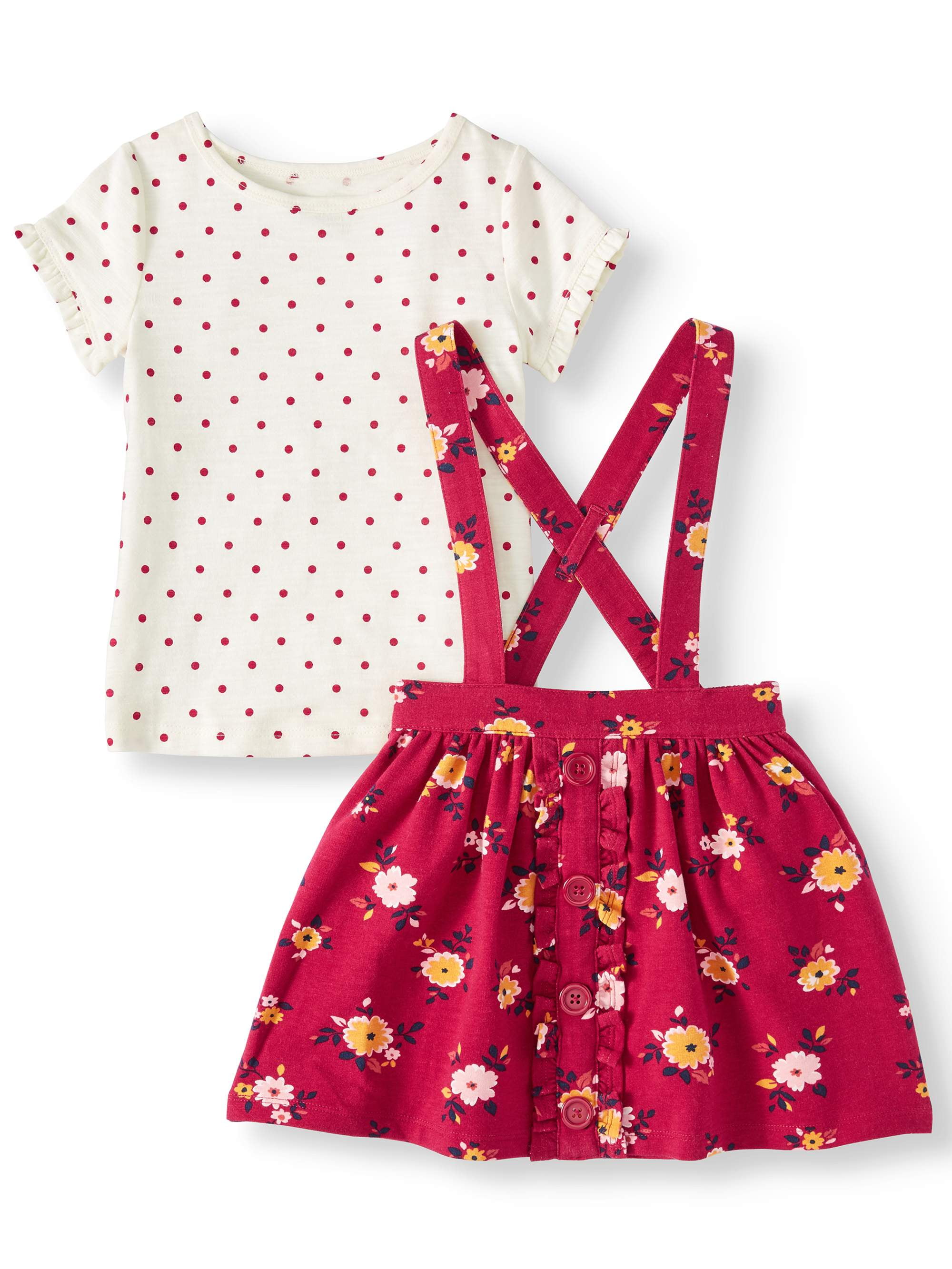 Wonder Nation Toddler Short Sleeve Ruffle Top /& Suspender Skirtall 2pc Dress Set