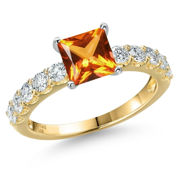 Gem Stone King 14K Two Tone Gold Poppy Topaz and Lab Grown Diamond Engagement Ring for Women | 1.95 Cttw | Princess 6MM | Gemstone November Birthstone | Size 7