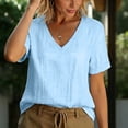 thumbnail image 6 of Summer Linen Shirts for Women V Neck Short Sleeve Tunic Tops Loose Fit Comfy Beach Casual Base Tee T-Shirts (XL, Light Blue), 6 of 8