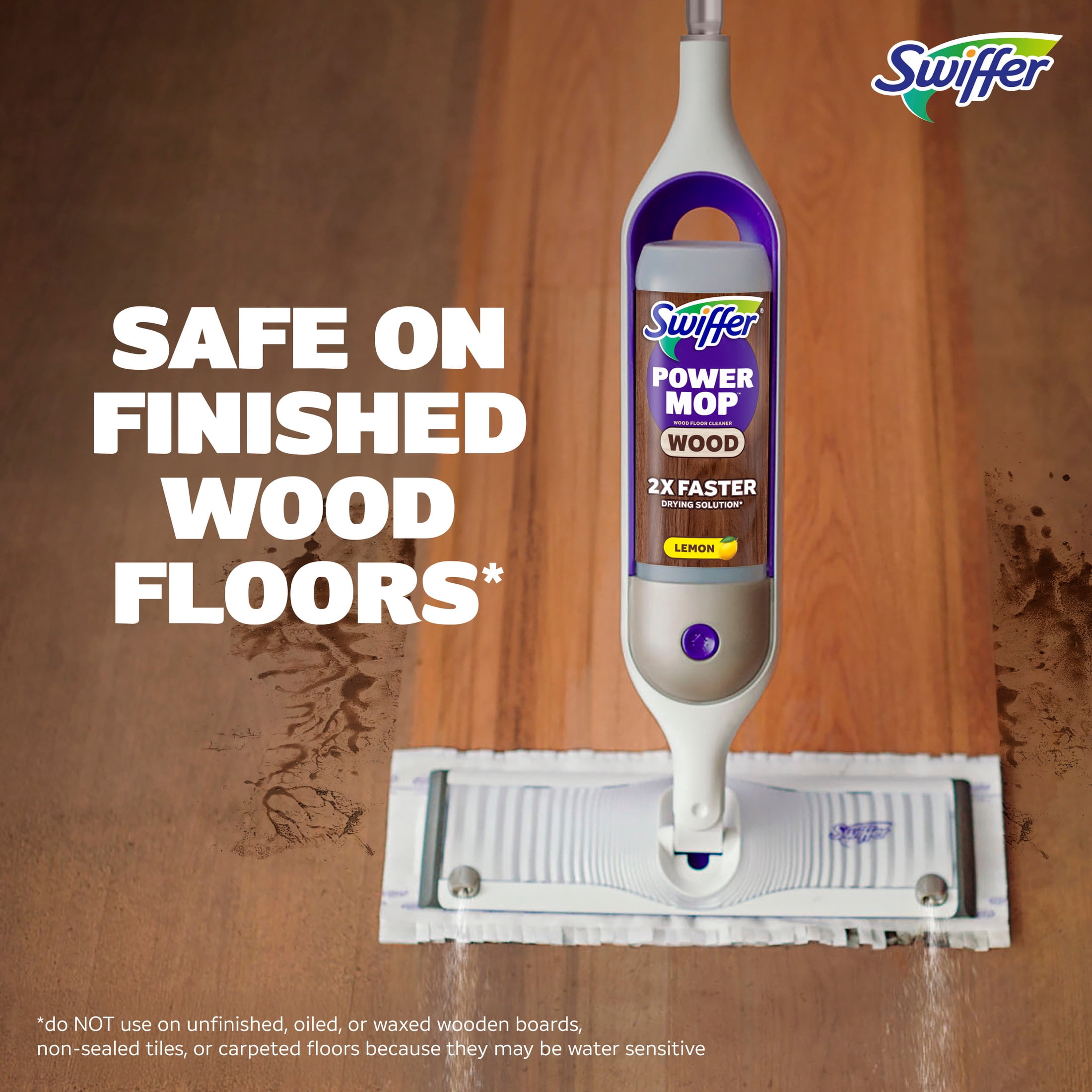 Swiffer Power Mop Wood Kit with Refill, Unscented, 1 handle + 1 solution & 2 Pads
