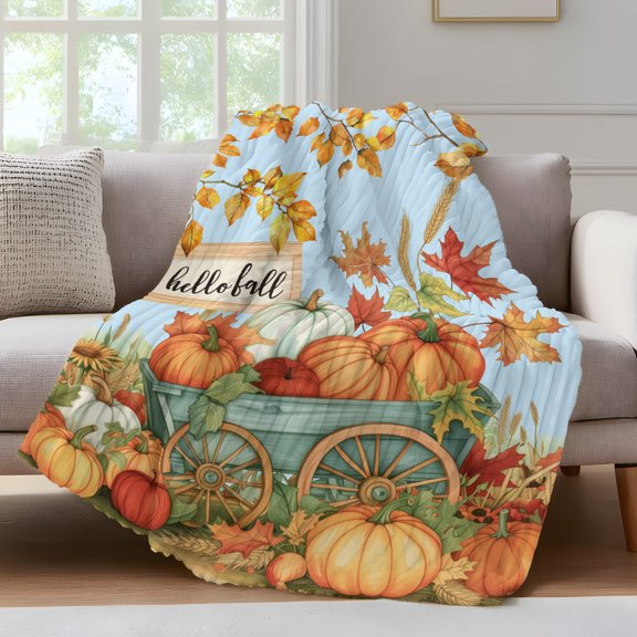 Orange Fall Pumpkins Fleece Throw Blanket for Couch, Thanksgiving Botanical Blue Microfiber Flannel Blanket for All Season, Lightweight Soft Throw Blankets for Gifts, Home Decor, 32"x47"