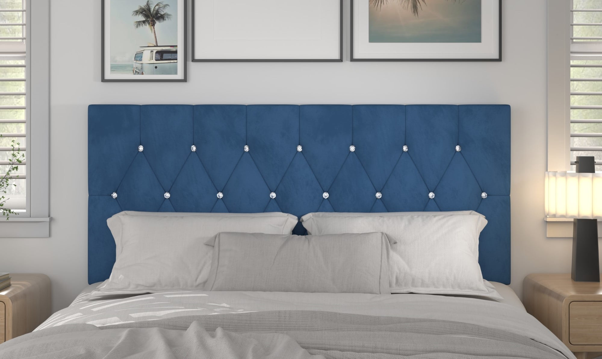 Home Design Concetta King Tufted Upholstered Adjustable Headboard, Blue, Velvet with Diamond Button Tufting, Modern Bedroom Furniture