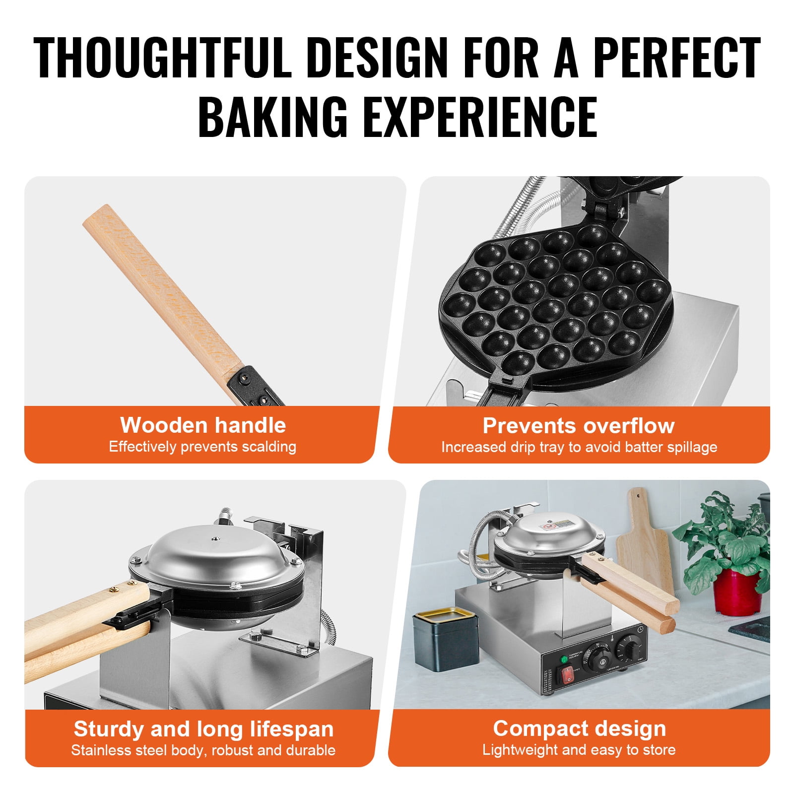 KFFKFF Electric Waffle Maker, Professional Waffle Iron, 1400W, for Crispy Egg Waffles, Non-Stick, Stainless Steel Build, 180° Flip Feature, Adjustable Temperature & Timer, Wood Grip, Ideal for Cafes