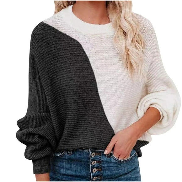 EGNMCR Sweaters for Women Women Sweaters-Oversized Chunky Knit Color Block Drop Shoulder Sleeve Pullover Sweater Top